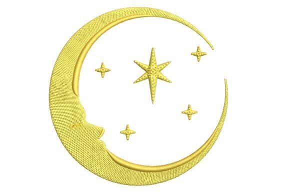 Golden Mystical Crescent Moon and Stars Embroidery Design